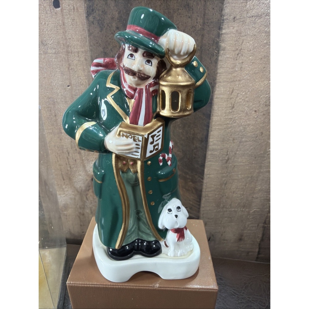 Claire Burke Ceramic Incense Burner Figurine Christmas Caroler Man Dog Vtg 1999